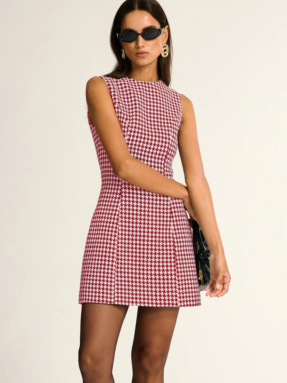 Commense Red White Houndstooth Sleeveless Mini Dress NWT Size Small Sold Out - Picture 1 of 9